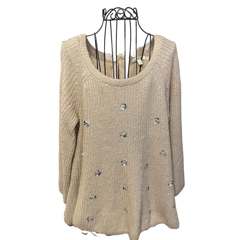 Lauren Conrad Sequin Flower Bell Sleeve Tan Sweater w/ Ribbon Bow at Neck Size M